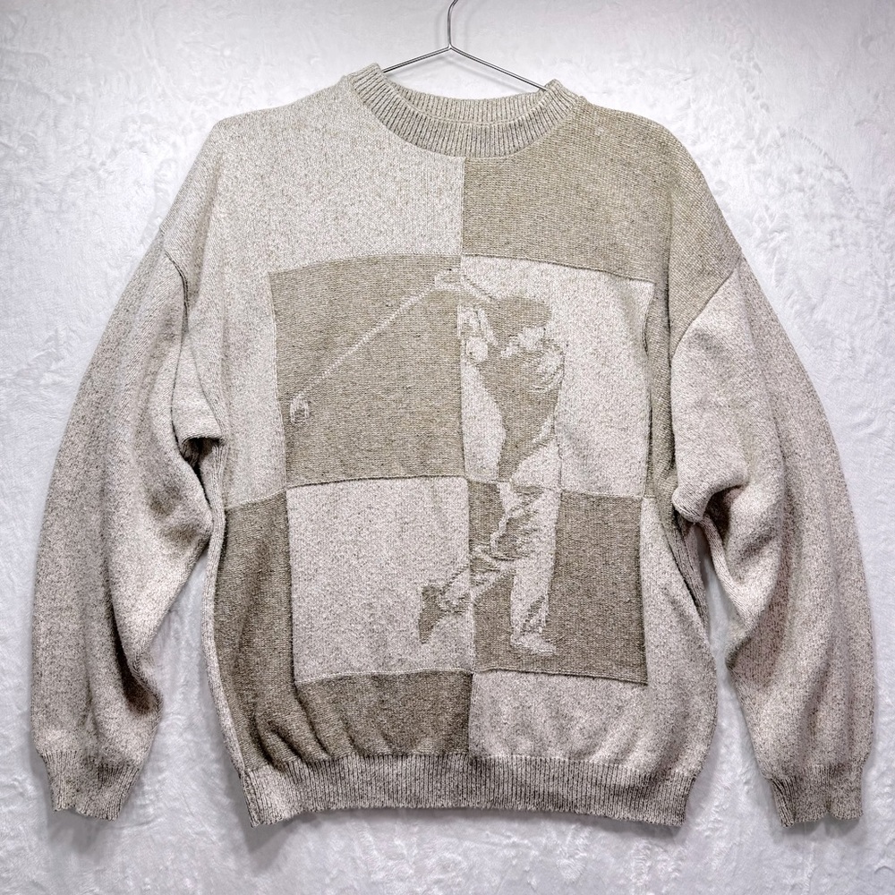 Vintage 90s Grand Slam Golfer Beige Textured Knit Dad Sweater Haggar Tour PGA